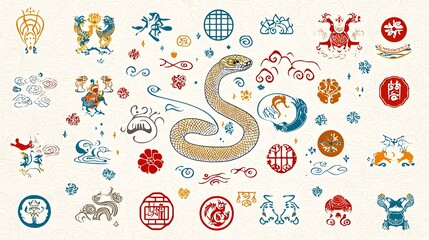 Naklejka premium Decorative Chinese New Year poster featuring a snake with zodiac symbols surrounded by colorful Asian patterns and traditional calligraphic elements