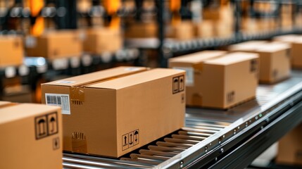 A close-up view of cardboard boxes on a conveyor belt in a warehouse, showcasing an organized logistics process, This image is ideal for articles on shipping, warehousing, or supply chain management,