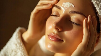 A woman is applying makeup to her face