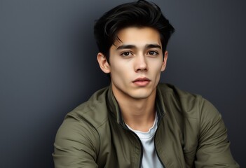 Obraz premium Young Handsome Man Portrait Serious Expression Green Jacket Grey Background