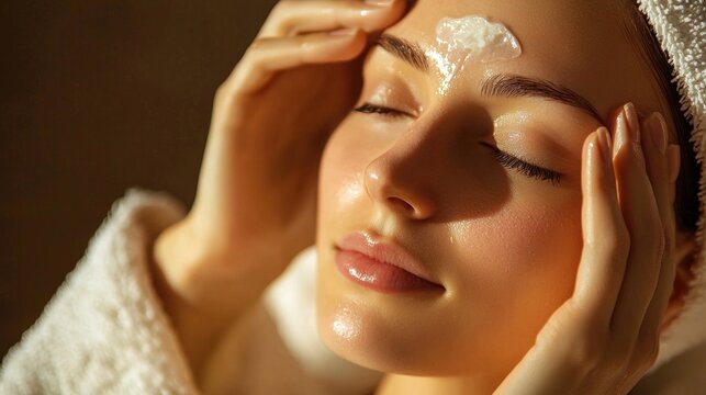 A woman is applying makeup to her face