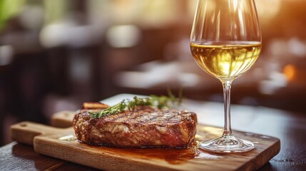 Juicy Grilled Steak with Rosemary and Glass of White Wine in Elegant Restaurant Setting