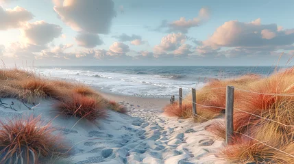 Handdoek met foto Noordzee A beach with a red fence and a blue sky.  © Алла Морозова