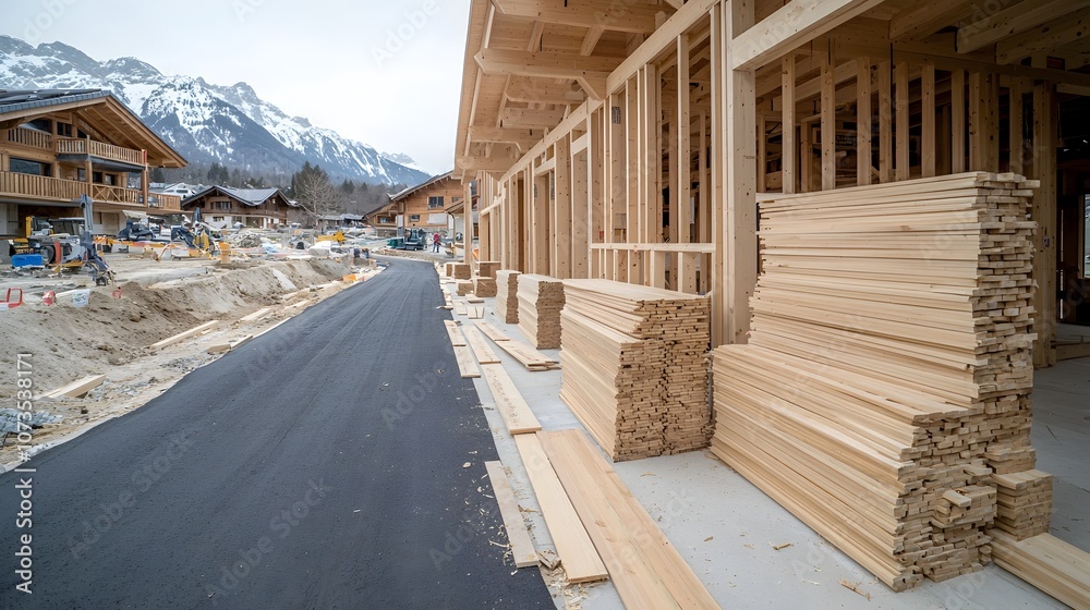 Aufkleber construction site of a half completed traditional wooden house with a partially built wall structure