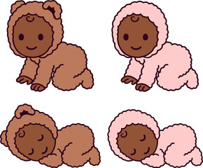 Cute cartoon Black baby in fuzzy brown bear and pink onesie, sleeping and crawling. Adorable vector newborn illustration set.