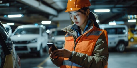 Modern Construction Worker with Phone and Garage