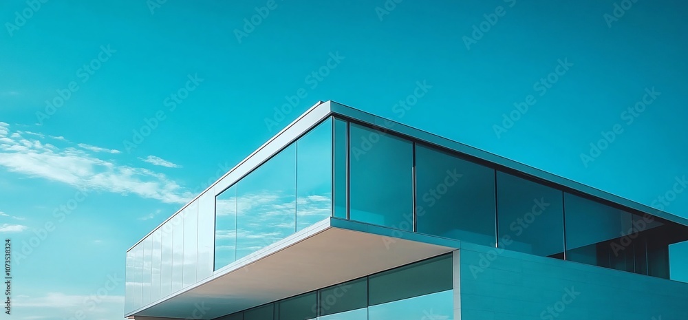 Poster modern building with large windows against a clear blue sky.