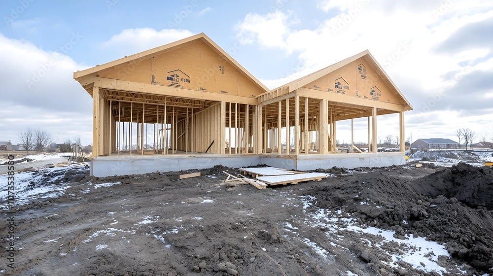 Poster Wooden house frame in the early stages of construction with neatly aligned beams and the blue sky visible in the background representing the start of a new building project or home development