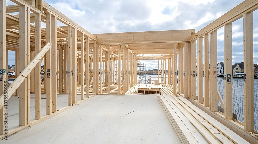 Poster wooden house frame in the early stages of construction with beams neatly aligned and the sky visible