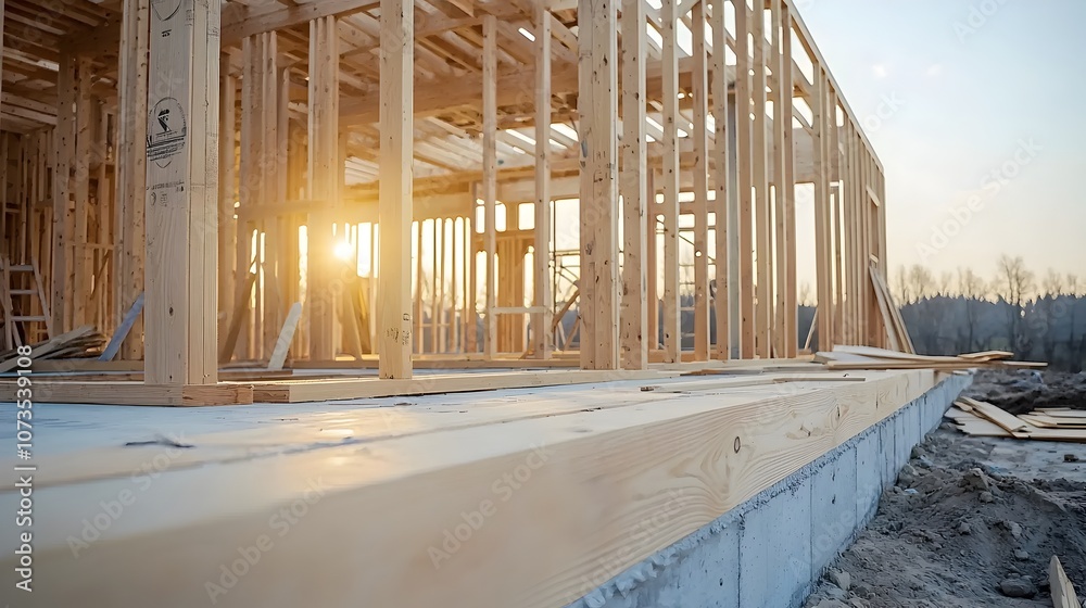 Poster close up view of a large timber frame house under construction showcasing the intricate joints and b
