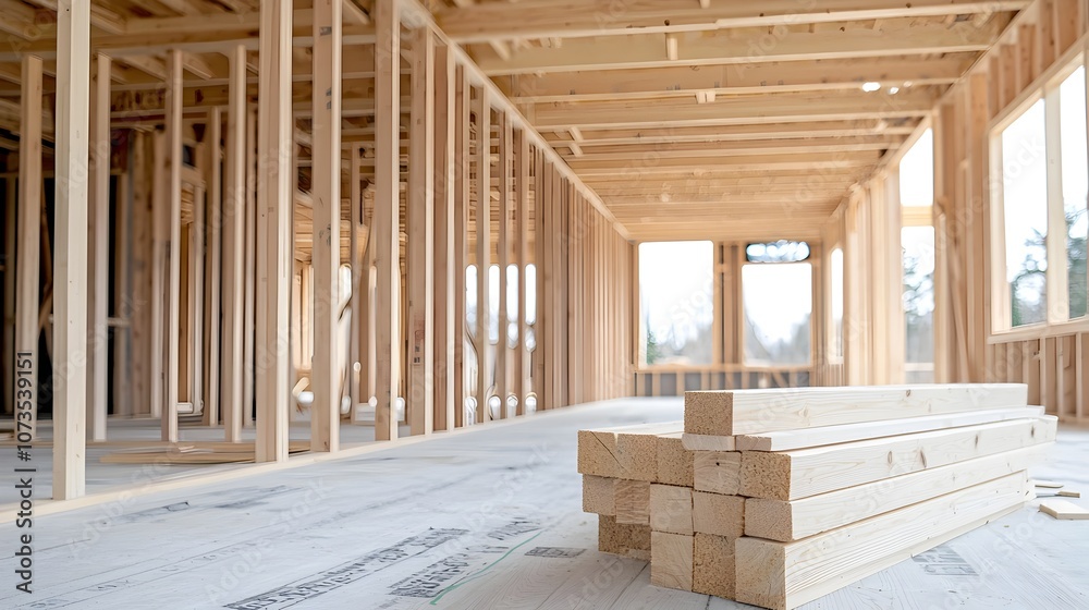 Poster close up view showcasing the intricate joints and wooden beams of a large timber frame house under c