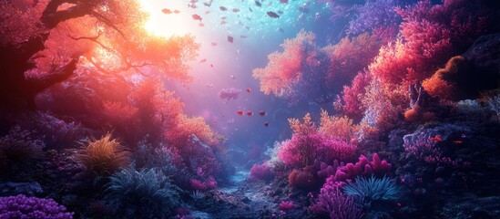 Fototapeta premium Underwater coral reef with colorful fish swimming through a sunlit ocean.