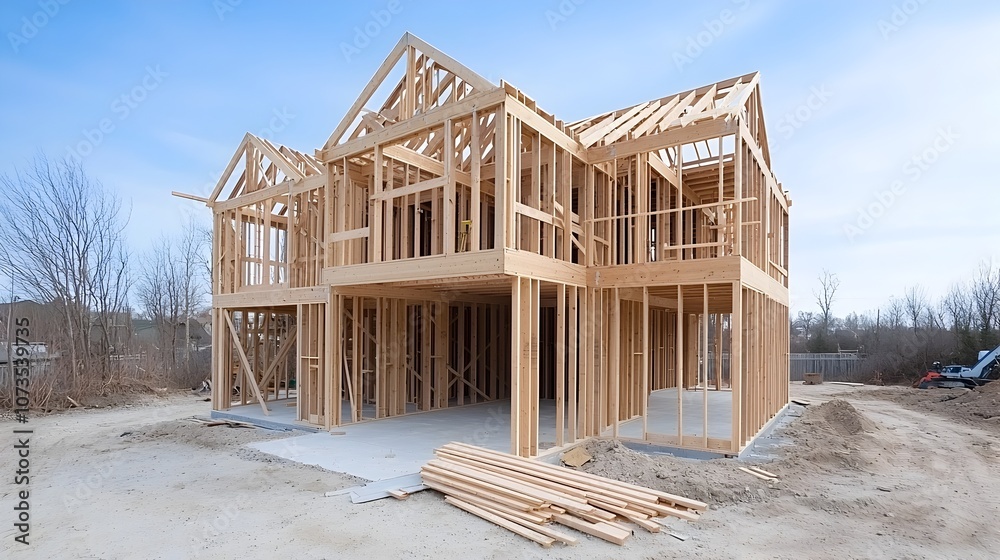 Aufkleber wooden house structure under construction with visible roof framework and open walls against bright 