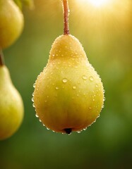 Pear, fruit, macro, portrait. Fresh pear with water drops.