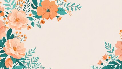 teal & peach colors floral pattern border made of beautiful flowers on gradient background. Flat lay, top view,  with space for text