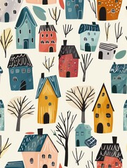 Colorful painting of houses and trees with a wintery feel