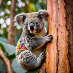 Fototapeta premium young koala clinging to a colorful rainbow eucalyptus tree, with bark displaying vibrant, natural hues