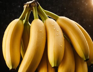 Banana, fruit, macro, portrait. Fresh banana with water drops. banana with water drops in backlight of sun.