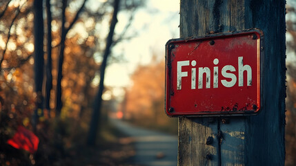 A red finish sign with white lettering attached to a wooden post in a forest setting.