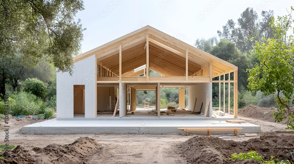 Aufkleber a partially built wooden house with exposed roof trusses stands in a natural setting surrounded by l