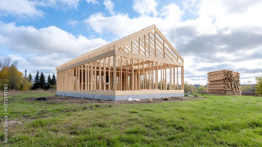 Aufkleber Wooden cabin frame in the early stages of construction with stacked building materials and beams in a serene grassy field setting  The simple