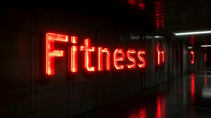 Fototapeta premium A red neon sign reading 'Fitness' hangs on a textured concrete wall in a dark, futuristic hallway.