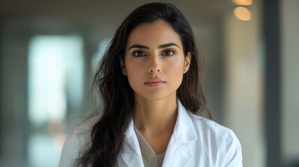 Naklejka premium A woman with long hair and a white lab coat is standing in a hallway
