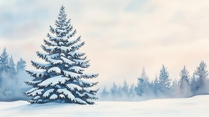 Fototapeta premium Snowcovered Christmas tree with lights, watercolor, winter scene, joyful and cozy holiday feeling