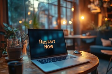 Laptop Showing Restart Now Prompt in Dimly Lit Room