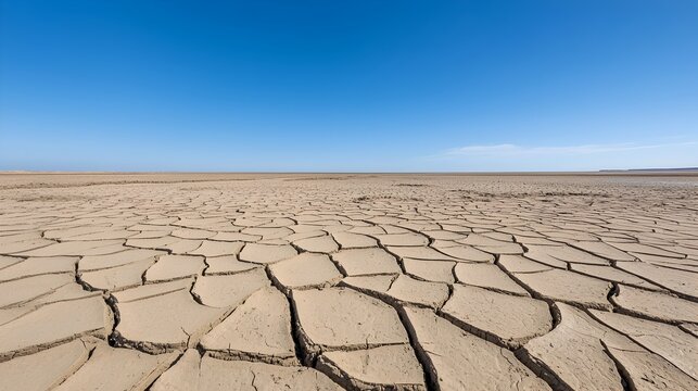 Sunlit desert mudflat with shallow water pool in drought-affected ...