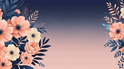 Obraz premium blush pink & navy blue colors floral pattern border made of beautiful flowers on gradient background. Flat lay, top view, with space for text
