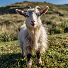 Obraz premium goat standing on a grassy hilltop with a clear blue sky behind it