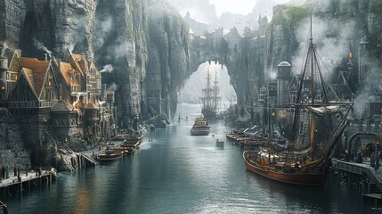 A fantasy harbor town nestled between dramatic cliffs with boats and ships on the water, with fog rolling in.