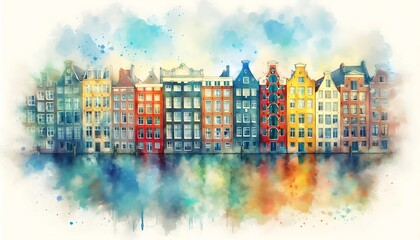 Obraz premium An image of canary houses in Amsterdam, viewed from the front, with the river running across the foreground in a watercolor style. The houses should be in soft, pastel, alternating colors.