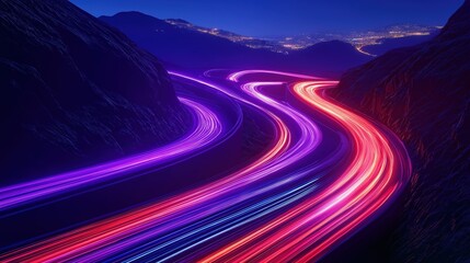 Highway with neon lights and colorful light trails through hills on a night sky