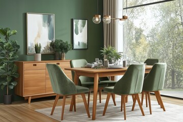 Fototapeta premium Stylish dining room with green and wood elements, featuring lush plants and abstract wall art.