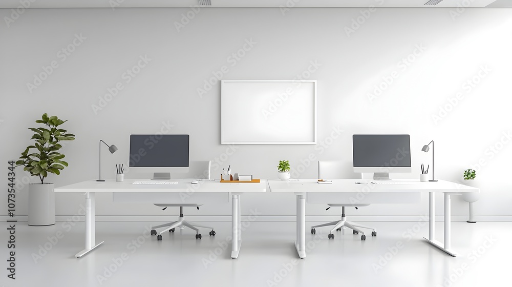 Poster sleek and minimalist white office space featuring modern desks and monitors the clean and contempora