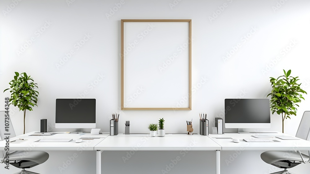 Fototapete sleek and modern white office interior with minimalist desks computer monitors and a blank frame on 