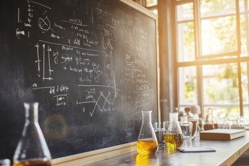 Blackboard filled with complex scientific equations and diagrams