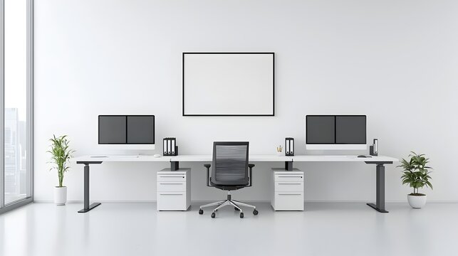 Sleek and modern white office workspace with clean desks computer monitors and a blank frame mounted on the wall creating a minimalist and professional environment for work and productivity