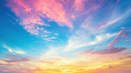 Colorful sunset sky with pink and orange clouds. Scenic landscape of a vibrant evening sky.