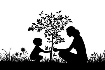 Black Silhouette of a mother and child planting a tree together on a white background