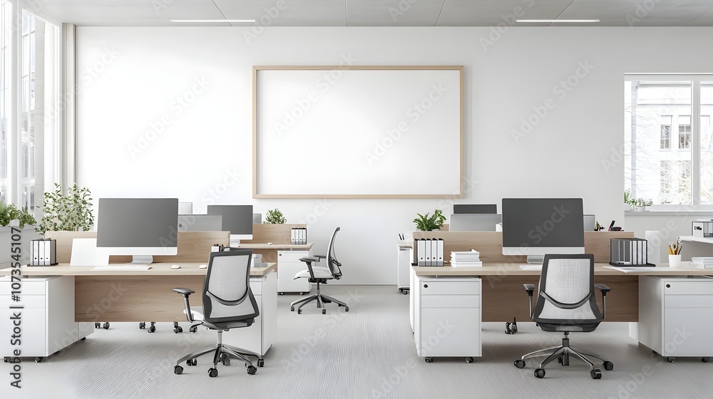 Aufkleber minimalist and clean white tone office space with modern desks computer monitors and a blank frame o
