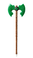 A wooden axe with a green handle and a wooden handle, adorned with a green knot, stands upright against a white background, showcasing its intricate design and craftsmanship