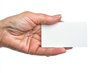 Obraz premium A Businessman Showcases a Blank Business Card Against a Clean White Background in Focus