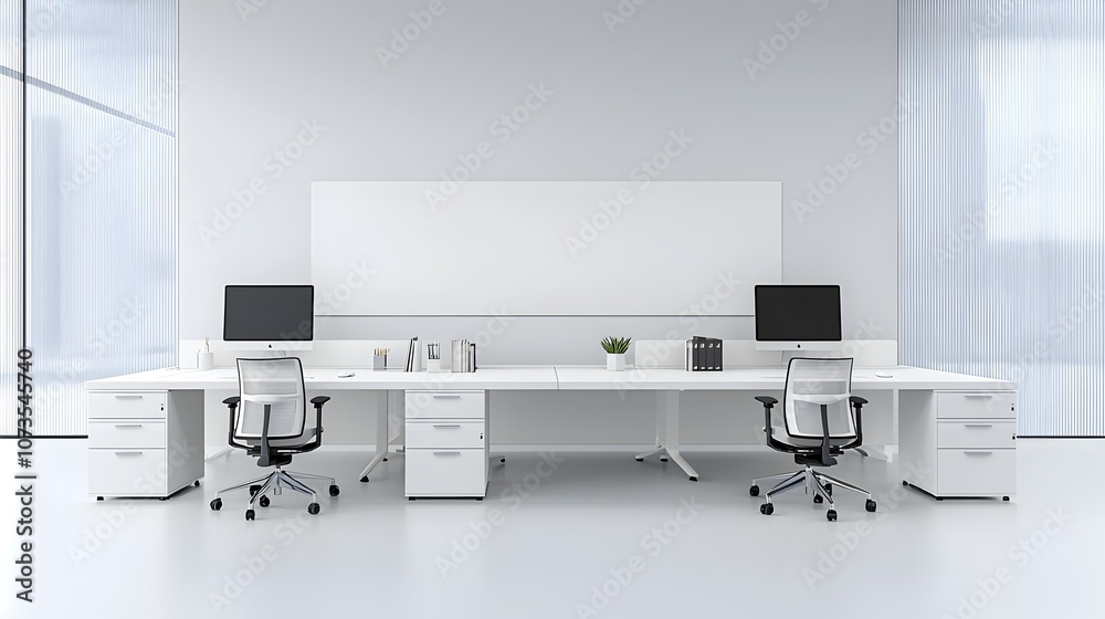 Poster sleek and modern white toned office interior with minimalist desks computer monitors and a blank wal