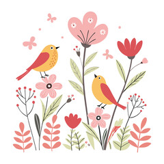 little birds and variant flowers cute pattern illustration