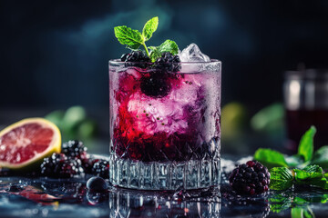 Refreshing cocktail with blackberries and mint garnished on ice in a crystal glass against a dark background, surrounded by fresh fruits and leaves.
