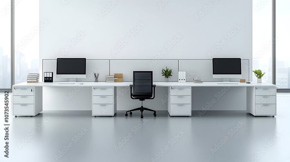 Poster bright and minimalistic modern office interior with white desks computer monitors and blank wall for