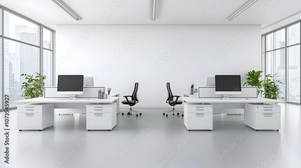 Poster bright and minimalist modern office interior with white desks computer monitors and blank wall provi